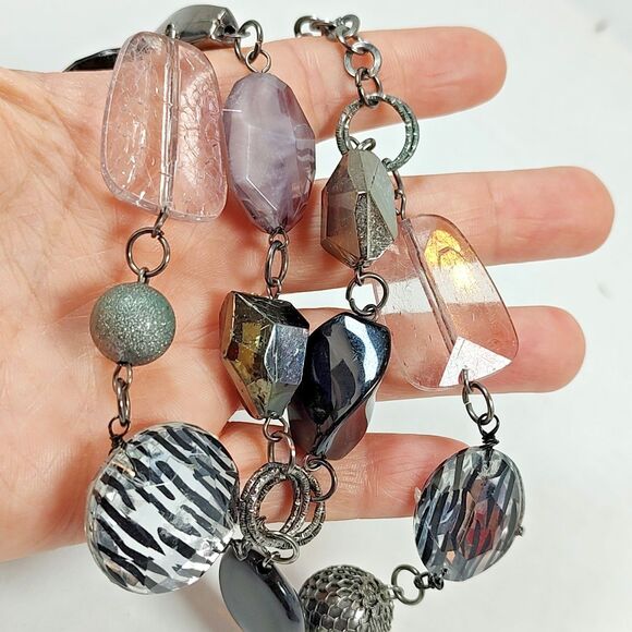 Gunmetal Chain Statement Necklace Zebra Print Beads Faceted Artisan 17" - 19" - Picture 12 of 14